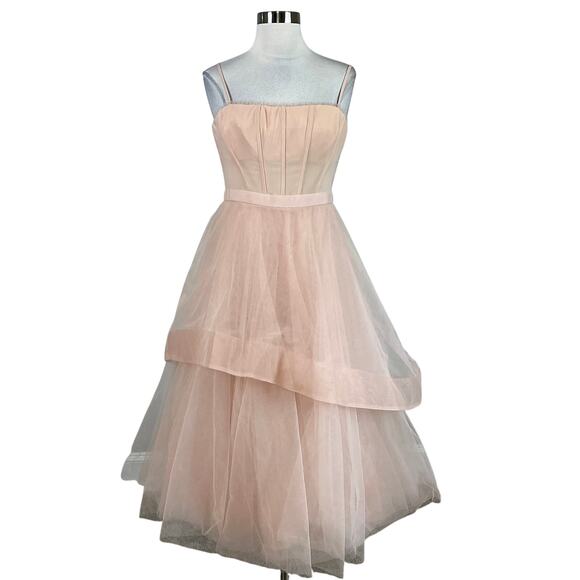 BCBGMAXAZRIA Pink Tulle Fit and Flare Cocktail Dress Size 10 Corset Bodice Midi - Picture 1 of 13